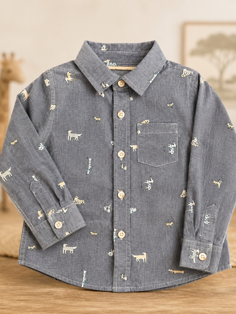 Cat & Jack Boys 2T Gray Animal Print Button-Up Shirt 100% Cotton